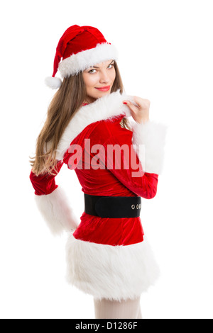 Bella donna felice vestito con Santa costume su sfondo bianco. Foto Stock