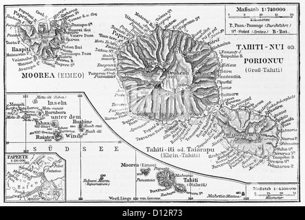Vintage map di Tahiti isola alla fine del XIX secolo Foto Stock