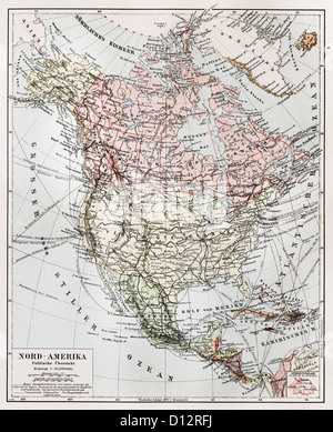 Vintage politico mappa del Nord America continente alla fine del XIX secolo Foto Stock
