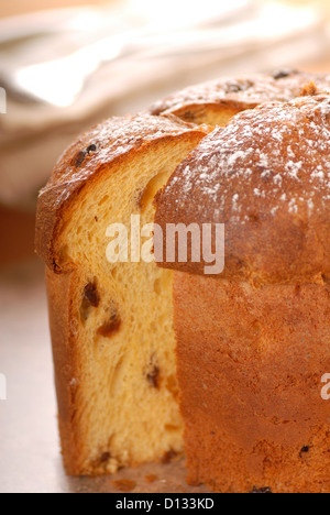 Appena sfornato il panettone italiano Natale pane con una fetta tagliata Foto Stock