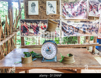 Ottone estensori collo indossato da una donna i membri di Karen Padong hilltribe villaggio nei pressi di Chiang Rai, la Thailandia del Nord - pesa 4 kg Foto Stock