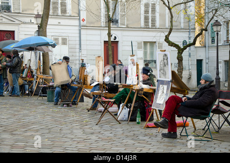 Pittori a Place du Tertre a Parigi a Montmartre, Paris, Francia. Foto Stock