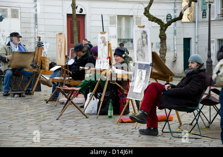 Pittori a Place du Tertre a Parigi a Montmartre, Paris, Francia. Foto Stock