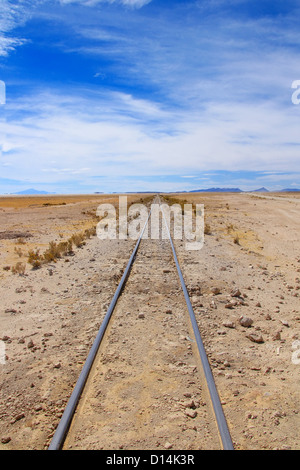 Linea ferroviaria che termina in nessun posto nel cielo blu Foto Stock