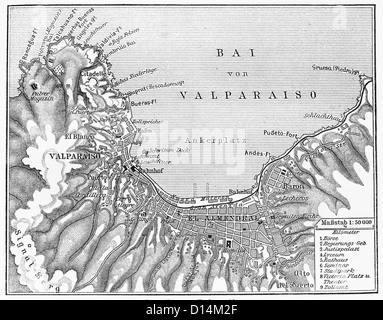 Vintage map di Valparaiso, il Cile alla fine del XIX secolo Foto Stock