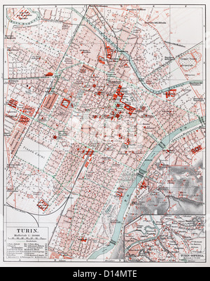 Vintage mappa di Torino a partire dalla fine del XIX secolo Foto Stock