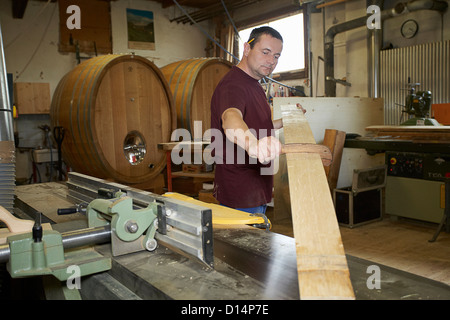 Lavoratore esaminando il legno in negozio Foto Stock