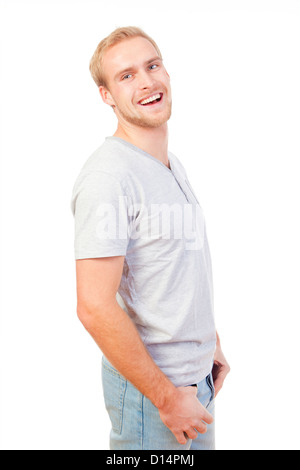 Ritratto di un giovane con capelli biondi sorridendo - isolato su bianco Foto Stock