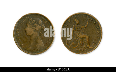 1887 Metà Penny moneta dall'Inghilterra. Foto Stock