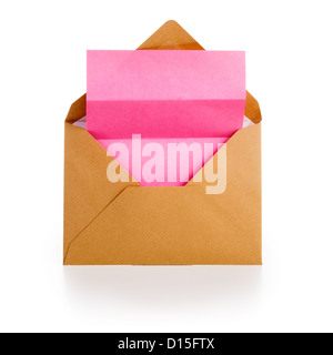 Busta vuota con il blocco note di rosa su sfondo bianco, percorso di clipping incluso Foto Stock