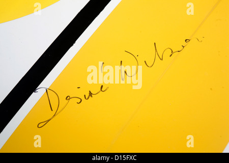 Il cofano del motore di un veicolo giallo autografata dalla South African F1 racing driver desiderio di Wilson. Foto Stock