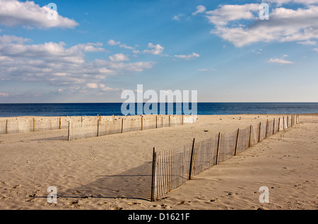 Recinti di legno sulla spiaggia, i recinti sono sulla sabbia in primo piano con l'oceano e cielo sopra. Foto Stock