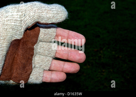 La mano in maglia di lana guanto senza dita Foto Stock