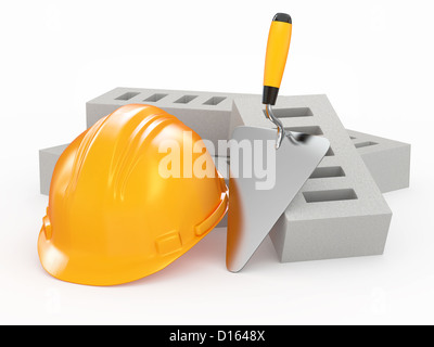 Mattoni, hardhat e frattazzo su sfondo bianco. 3d Foto Stock