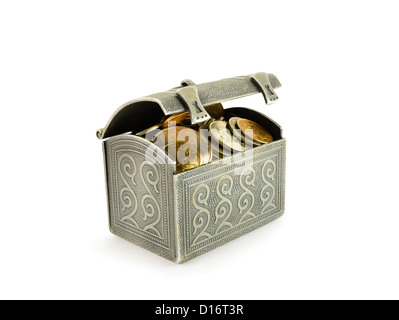 Forziere metallico con le monete Foto Stock
