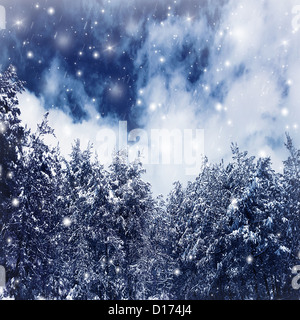 Foto di un bellissimo bosco invernale, grande abete rosso coperto da neve, confine naturale di vecchi alberi di Natale oltre il cielo blu Foto Stock