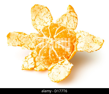 Il mandarino sbucciato aperta su sfondo bianco Foto Stock