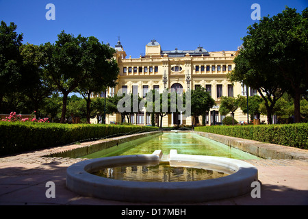 Municipio e giardini con la riflessione in Malaga, Andalusia, Spagna Foto Stock