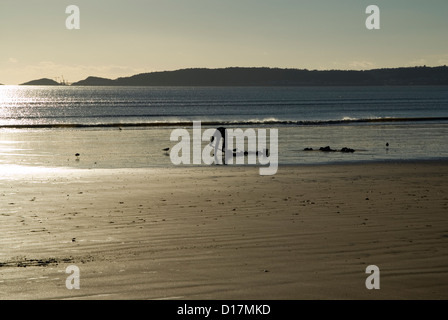 Uomo che scava per i vermi da aragosta sulla spiaggia di Swansea, Galles del Sud, Regno Unito Foto Stock