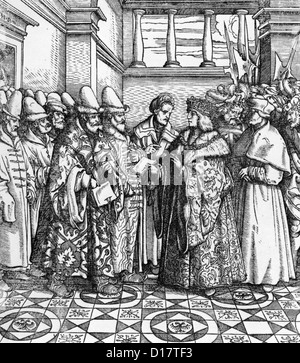 Massimiliano I (1459-1519) come imperatore del Sacro romano impero la ricezione di diplomatici russi nel 1516 Foto Stock