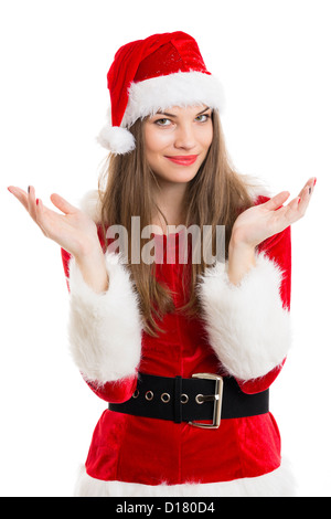 Bella donna felice vestiti da Babbo Natale su sfondo bianco. Foto Stock