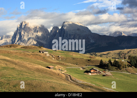 Il monte Sassolungo e Sassopiatto, Alpe di Siusi / Alpe di Siusi Alto Adige / Alto Adige, Italia Foto Stock