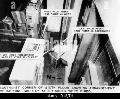 Commissione Warren presentano. Lee Harvey Oswald's Sniper's Nest. Il JFK's assassin sinistra prove forensi sui cartoni in Foto Stock