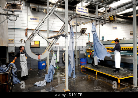 URUGUAY San Jose, conceria Bader produzione di pelli da pelle di mucca per seggiolini per auto di BMW e di altre marche di auto, Wet Blue si riferisce al cromo umido-pelli conciate. La colorazione bluastra è prodotta per il cromo agente conciante cromo III ossido che è di colore blu ed è contenuta nella pelle dopo la concia Foto Stock