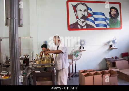 Due lavoratori in una fabbrica di rum in Pinar del Rio, Cuba con una foto di Jose Marti e Che Guevara dietro di loro Foto Stock