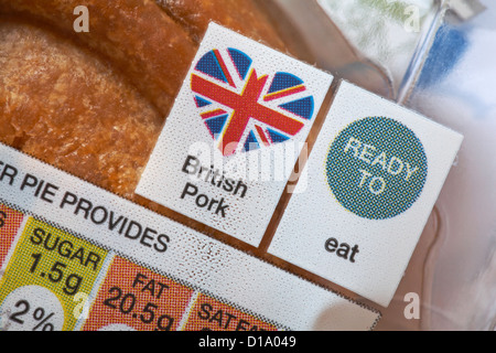 Carne di maiale britannico pronto a mangiare - informazioni sul pacchetto di pasticci di carne di maiale Foto Stock