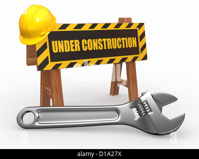 Barriera con il testo in fase di costruzione e di compressori hardhat. 3d Foto Stock