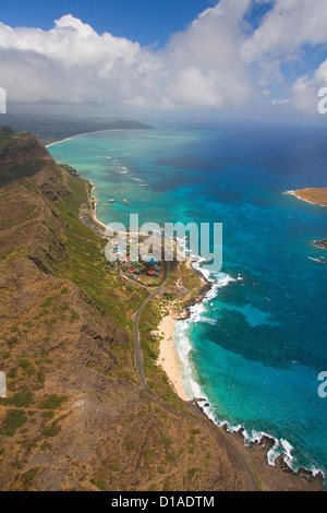 Hawaii, Oahu, Costa Sopravento, vista aerea del Sea Life Park e Makapu'u Beach. Foto Stock
