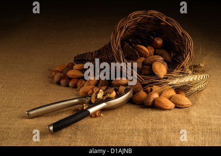 Assortimento di dadi visualizzato nel cestello con schiaccianoci su sfondo hesian Foto Stock