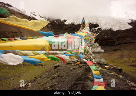 La preghiera buddista bandiere di fronte del ghiacciaio Karo La, pass, 5010 m, Tibet, Cina Foto Stock