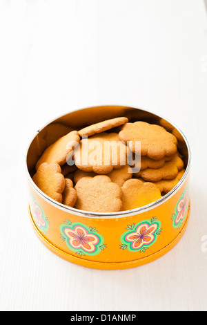 Biscotti di panpepato in metallo decorativo contenitore stagno su sfondo bianco Foto Stock