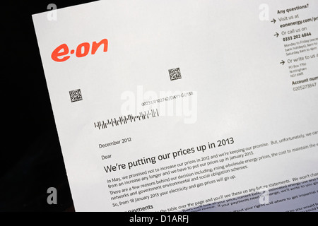 E.on lettera al padrone di casa in materia di gas e di energia elettrica di un aumento del prezzo nel 2013 Foto Stock