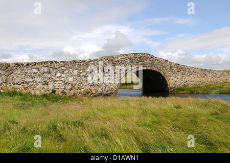 Antica pietra hump-back ponte che attraversa il fiume Ffraw Aberffraw Anglesey nel Galles Cymry UK GB Foto Stock