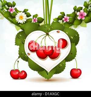 Ciliegia matura sul cuore sfondo con foglie e fiori Foto Stock