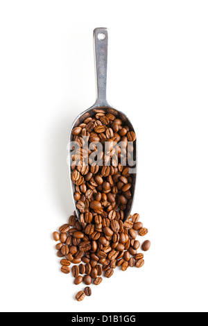 Scoop di metallo con i chicchi di caffè su sfondo bianco Foto Stock