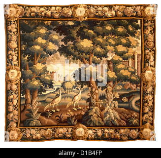 Arazzo medievale tessuto pattern con paesaggio classico ornamento in toni di marrone su luce-sfondo beige. Foto Stock