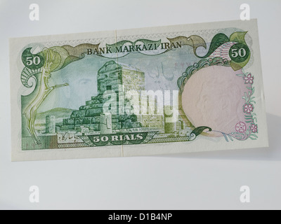 Close up 50 iraniani Rial banconota dalla Banca Markazi Foto Stock