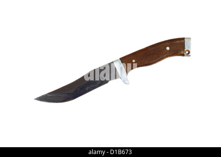 Coltello da caccia con una breve lama scuro e manico in legno isolato Foto Stock