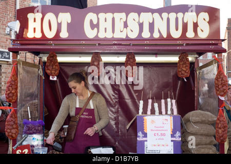 Giovane donna vendita di castagne calde da uno stallo al Victorian festa di natale di Portsmouth Foto Stock