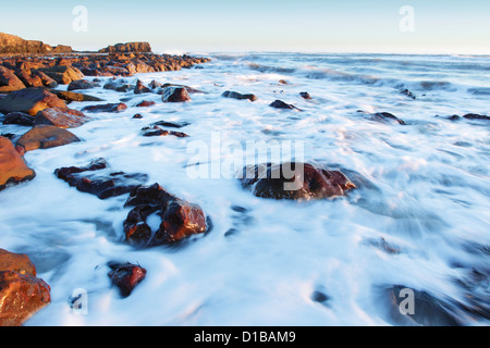 Saltwick Bay allo spuntar del giorno, guardando verso Saltwick Nab in North York Moors National Park Foto Stock