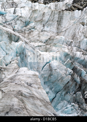 Vista ingrandita del ghiacciaio Fox/Te Moťka o Tuawe, Westland/Tai Poutini National Park, Nuova Zelanda Foto Stock