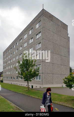 Sangerhausen, Germania, una donna con le borse della spesa passeggiate passato una lastra grigia Foto Stock