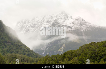 Una vista panoramica del monte Sheerdown su un giorno nuvoloso, preso da Milford Sound Lodge, Milford Sound (Piopiotahi), Fiordland Na Foto Stock