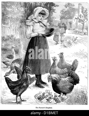 Incisione in stile vittoriano di un agricoltore della figlia alimentando le galline, 1897 Foto Stock