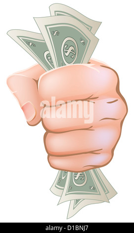 Una illustrazione di una mano con un pugno pieno di dollar notes Foto Stock