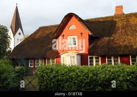 Amrum, nebbia, Germania, la torre della chiesa di San Clemente, Friesenhaus paglia Foto Stock